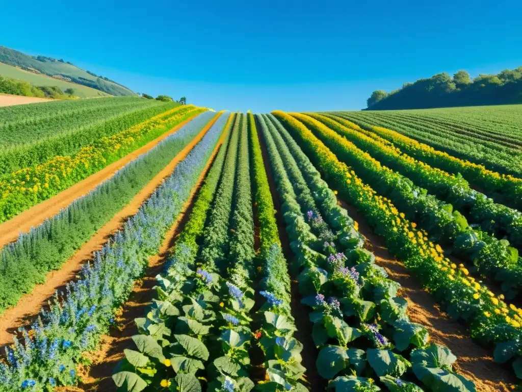 Campo de cultivos orgánicos con biodiversidad, sol brillante y fertilizantes orgánicos cambio climático