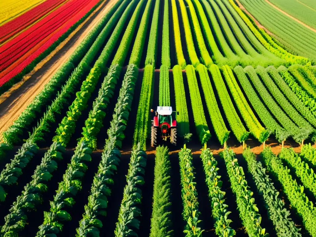 Un campo de cultivos orgánicos verdes y exuberantes, bañado por el sol con un tractor moderno en armonía