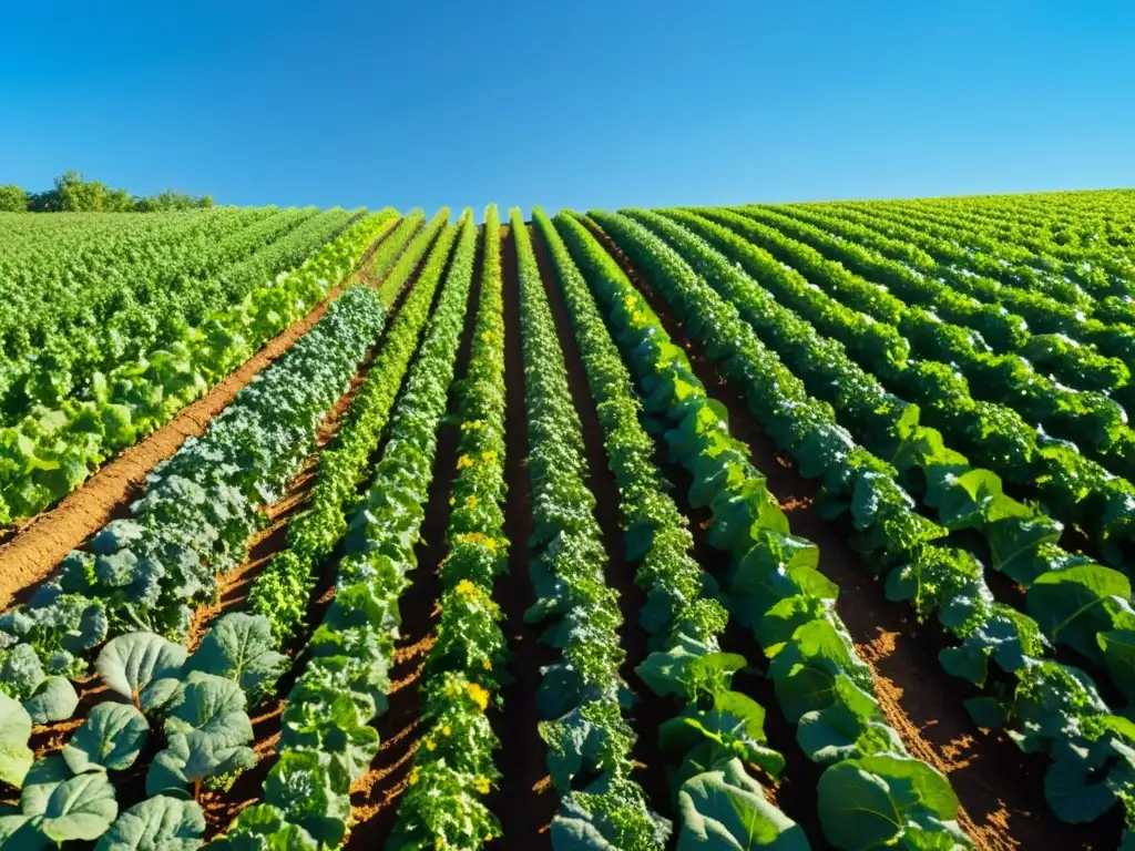 Un campo de cultivos orgánicos vibrante y abundante bajo un cielo azul, con el sol derramando su cálido resplandor