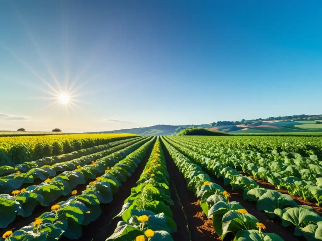 Campo de cultivos orgánicos vibrante y exuberante bajo el sol, lleno de vitalidad y salud, con abejas zumbando alrededor