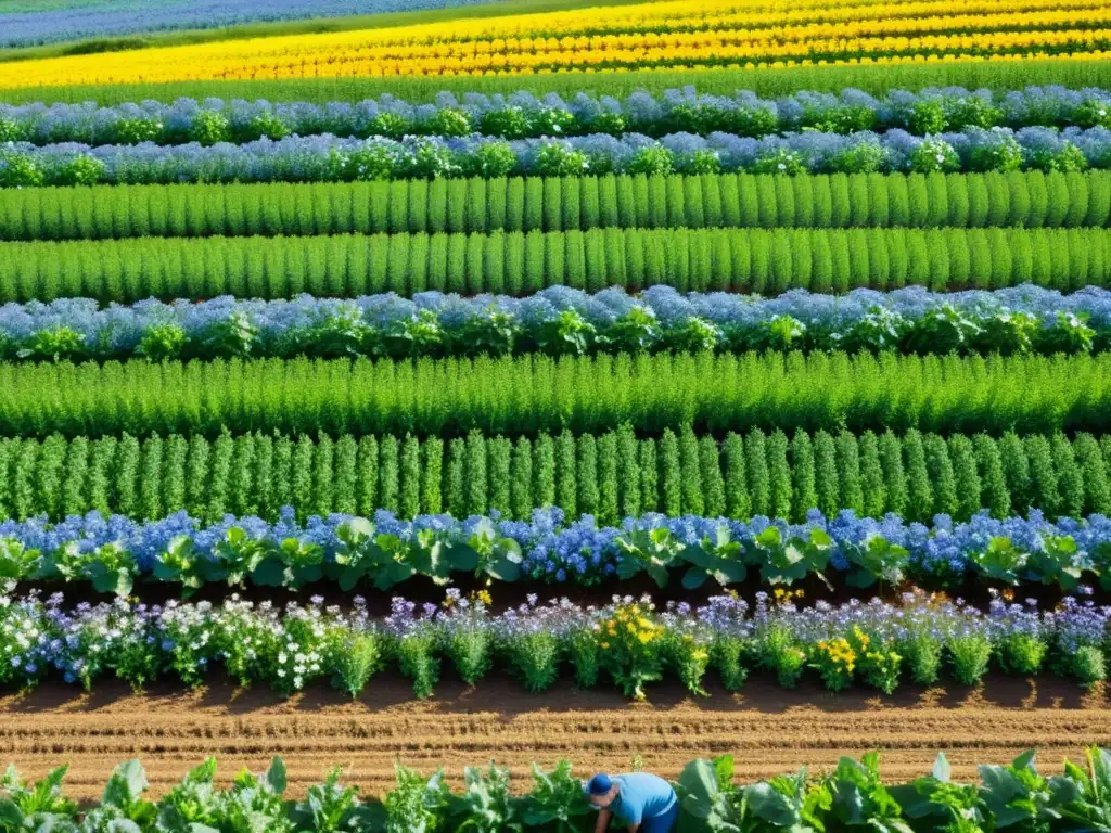 Campo de cultivos orgánicos vibrante y exuberante bajo el cielo azul