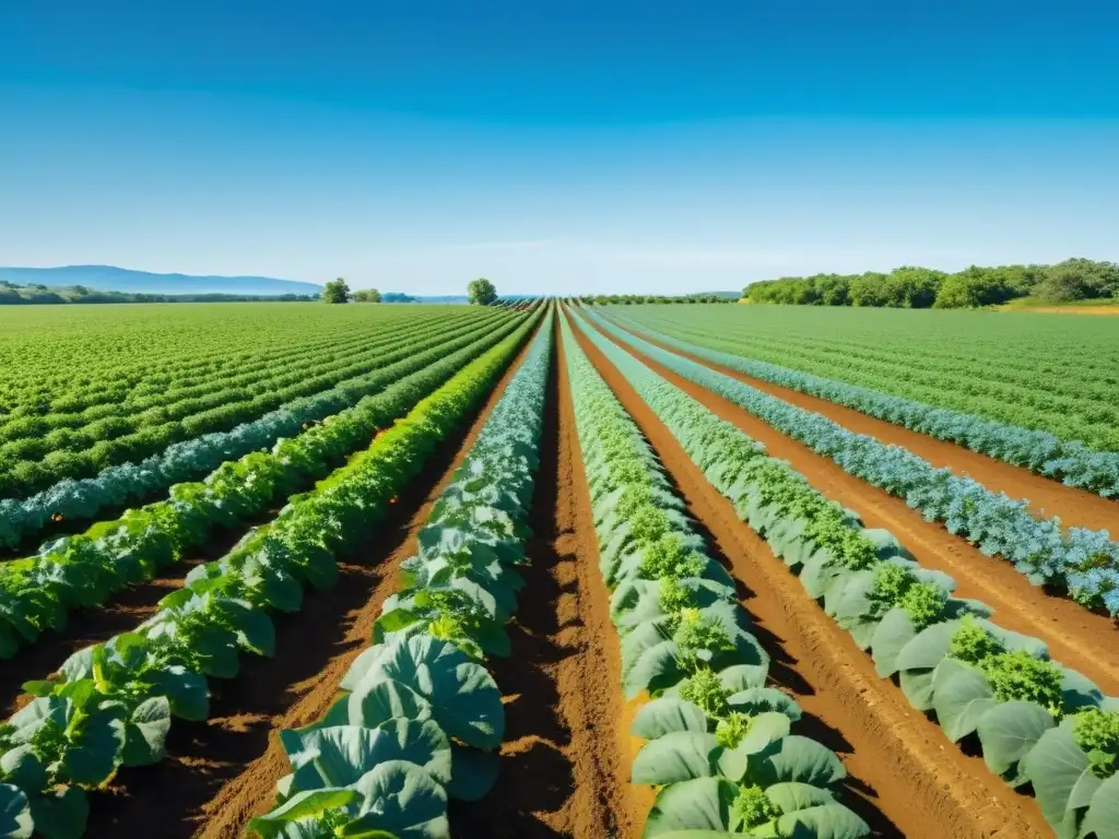 Campo de cultivos orgánicos vibrante y exuberante bajo el cielo azul