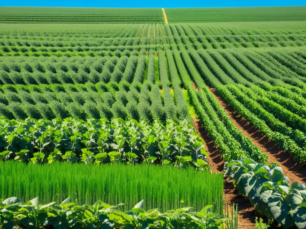 Campo de cultivos orgánicos, vibrante y exuberante, bañado por el sol