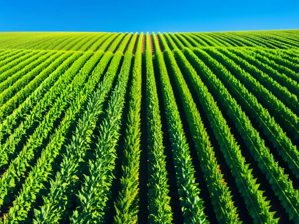 Campo de cultivos verdes bañados por el sol con cielo azul claro, en una imagen que captura la esencia de la agricultura regenerativa casos exitosos