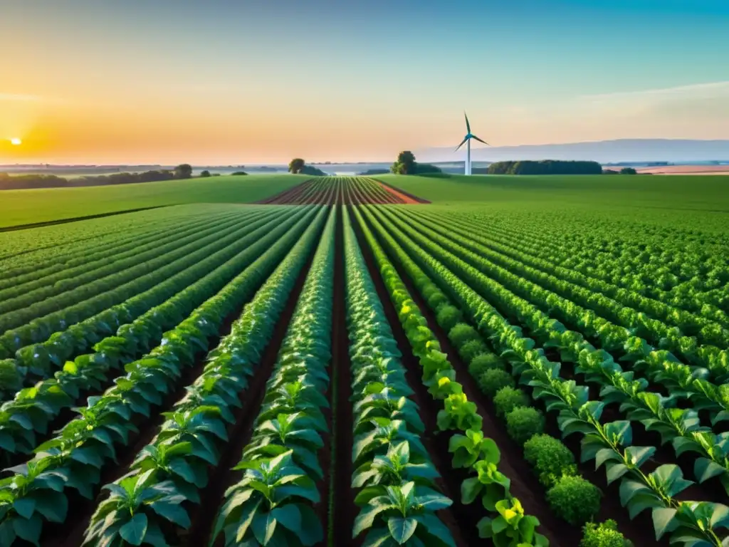 Un campo de cultivos verdes se extiende hasta el horizonte, con filas de plantas alineadas y un brazo robótico futurista listo para sembrar con precisión