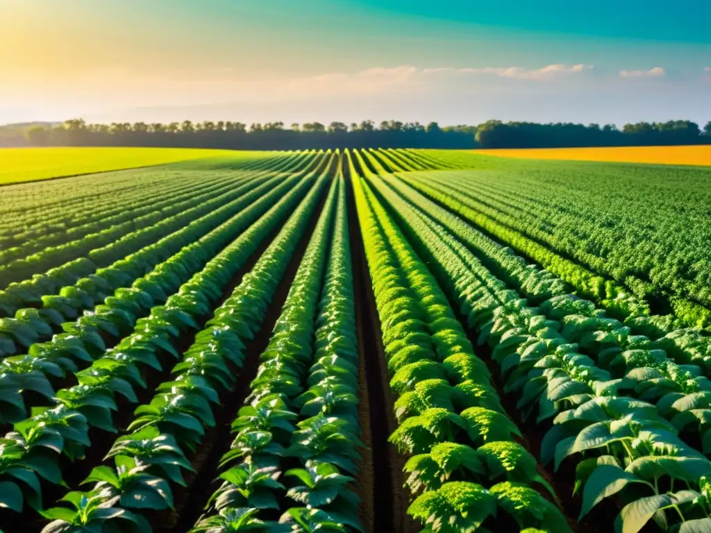 Campo de cultivos verdes con siembra robótica para agricultura orgánica, mezcla de tradición e innovación