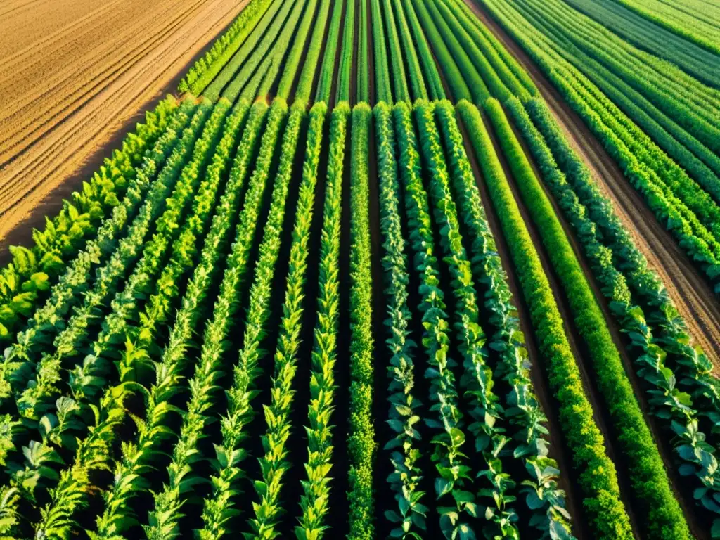 Un campo diverso y exuberante en la luz dorada del atardecer, muestra la rotación de cultivos y un suelo saludable