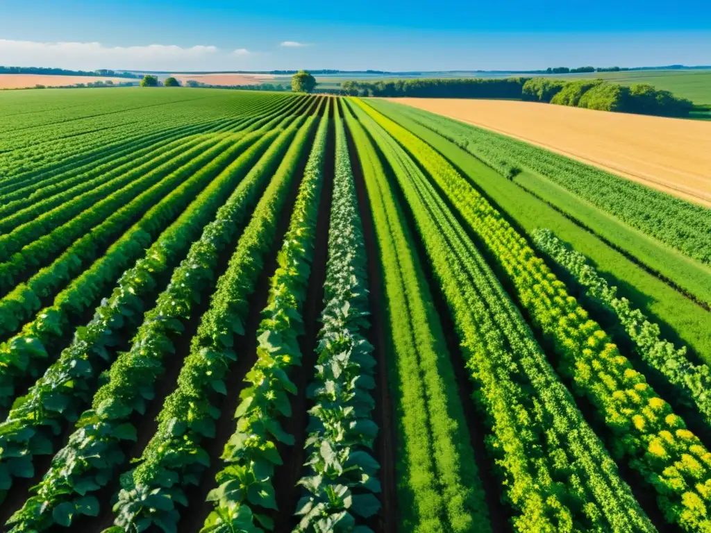 Campo agrícola extenso y exuberante con cultivos vibrantes bajo el sol