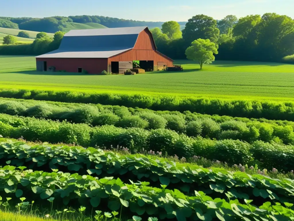 Un campo extenso de trébol y plantas leguminosas bañado por el sol, con abejas revoloteando y una brisa suave