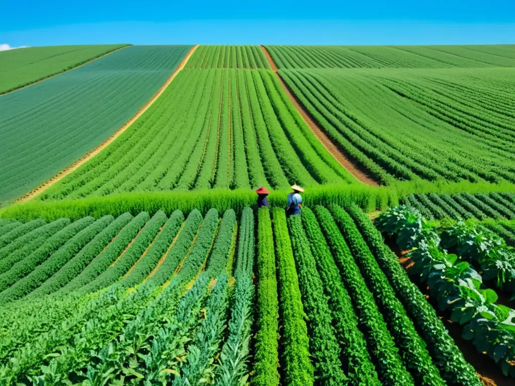 Un campo exuberante bañado por el sol con cultivos verdes en filas, agricultores en sombreros cuidan con destreza