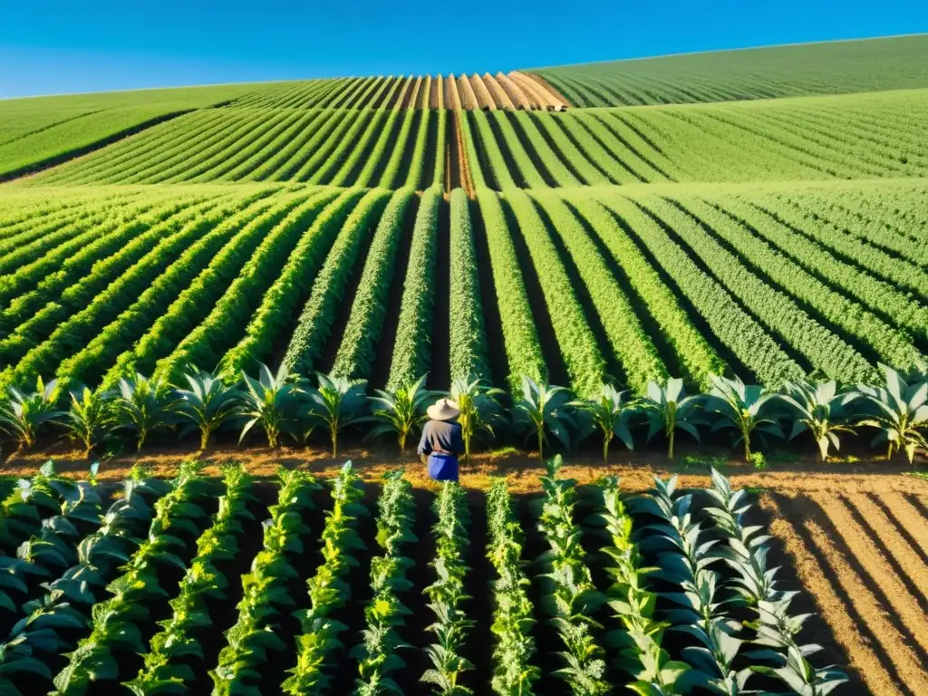 Un campo exuberante se extiende bajo un cielo azul, con cultivos vibrantes y un agricultor en atuendo tradicional