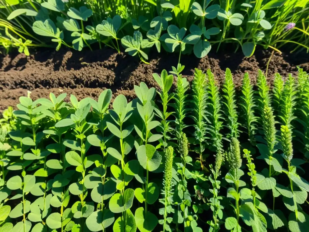 Campo exuberante con cultivos de cobertura variados en crecimiento, mostrando técnicas de agricultura orgánica para un suelo fértil