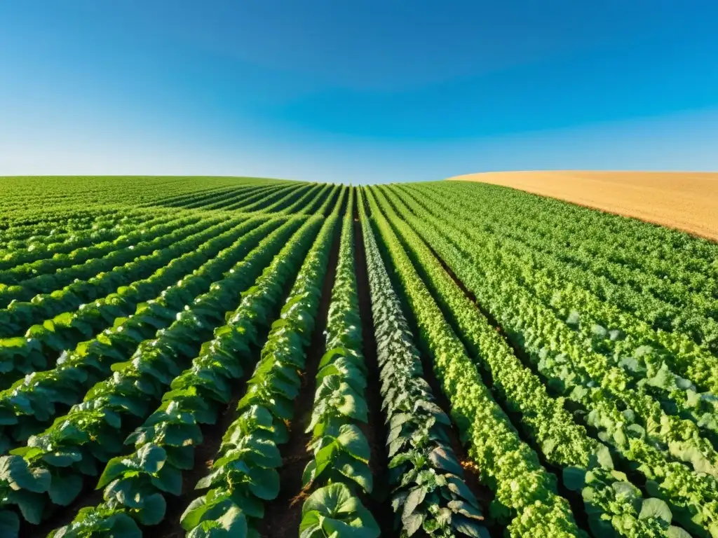 Un campo exuberante de cultivos orgánicos bajo un cielo azul claro, bañado por la cálida luz del sol