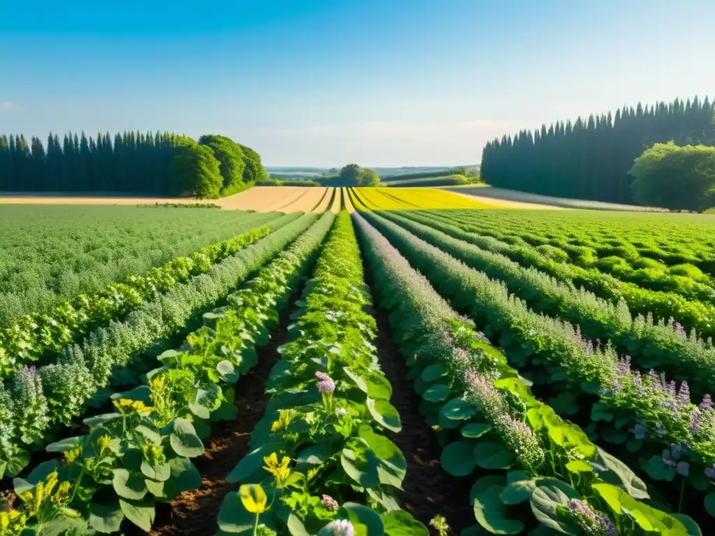 Un campo exuberante de cultivos orgánicos de cobertura beneficios con hileras de plantas vibrantes