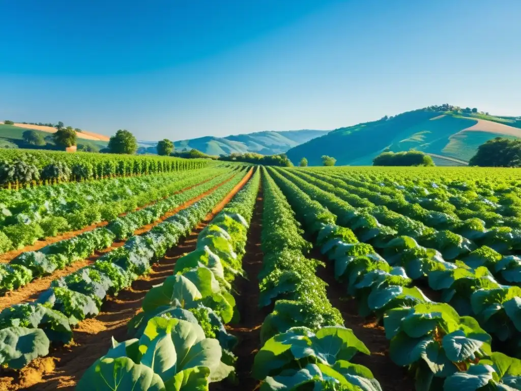 Un campo exuberante de cultivos orgánicos, con hileras de vegetales y frutas bajo el cielo azul