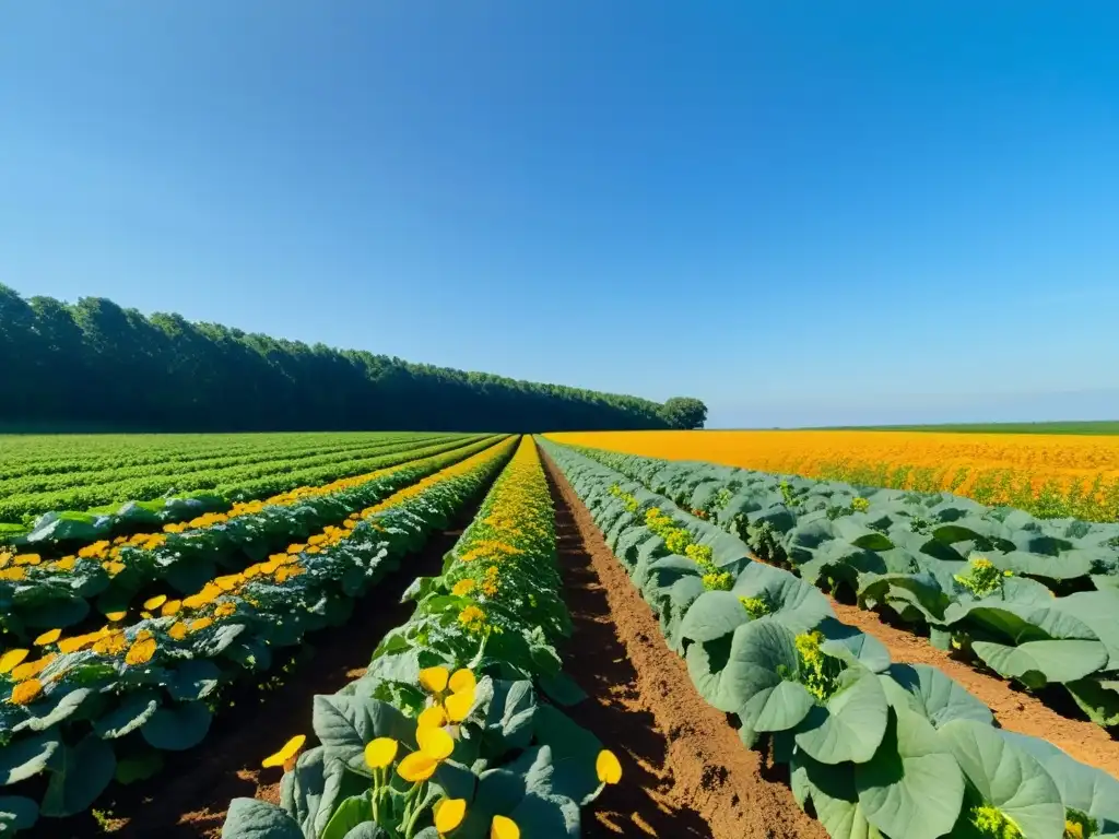 Un campo exuberante de cultivos orgánicos bajo el sol, con abejas y mariposas entre las flores