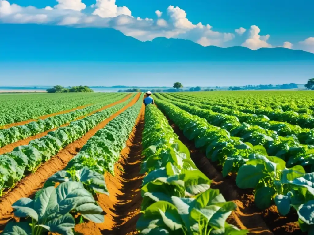 Un campo exuberante de cultivos orgánicos bajo un cielo azul brillante, donde un agricultor cuida con dedicación sus plantas