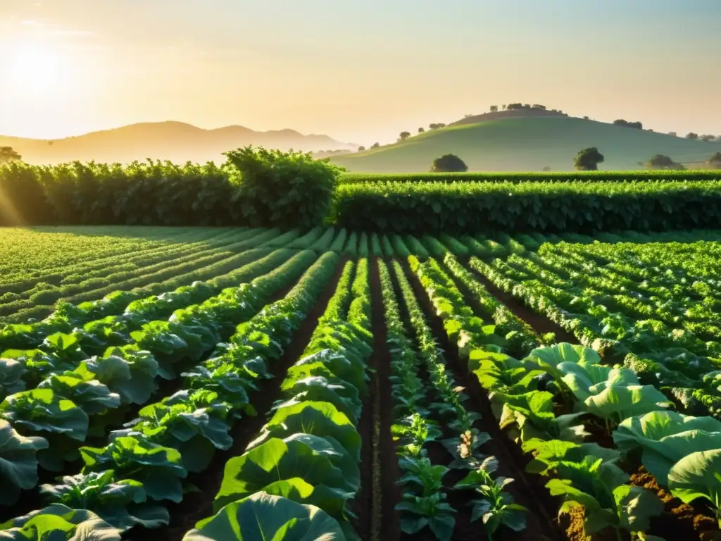 Un campo exuberante de cultivos orgánicos se extiende hasta el horizonte