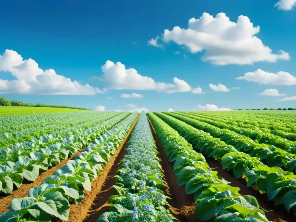 Un campo exuberante de cultivos orgánicos bajo un cielo azul claro