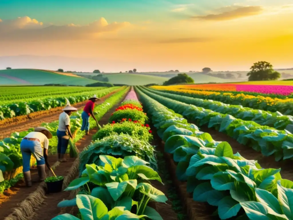 Un campo exuberante de cultivos orgánicos, bañado por el cálido sol