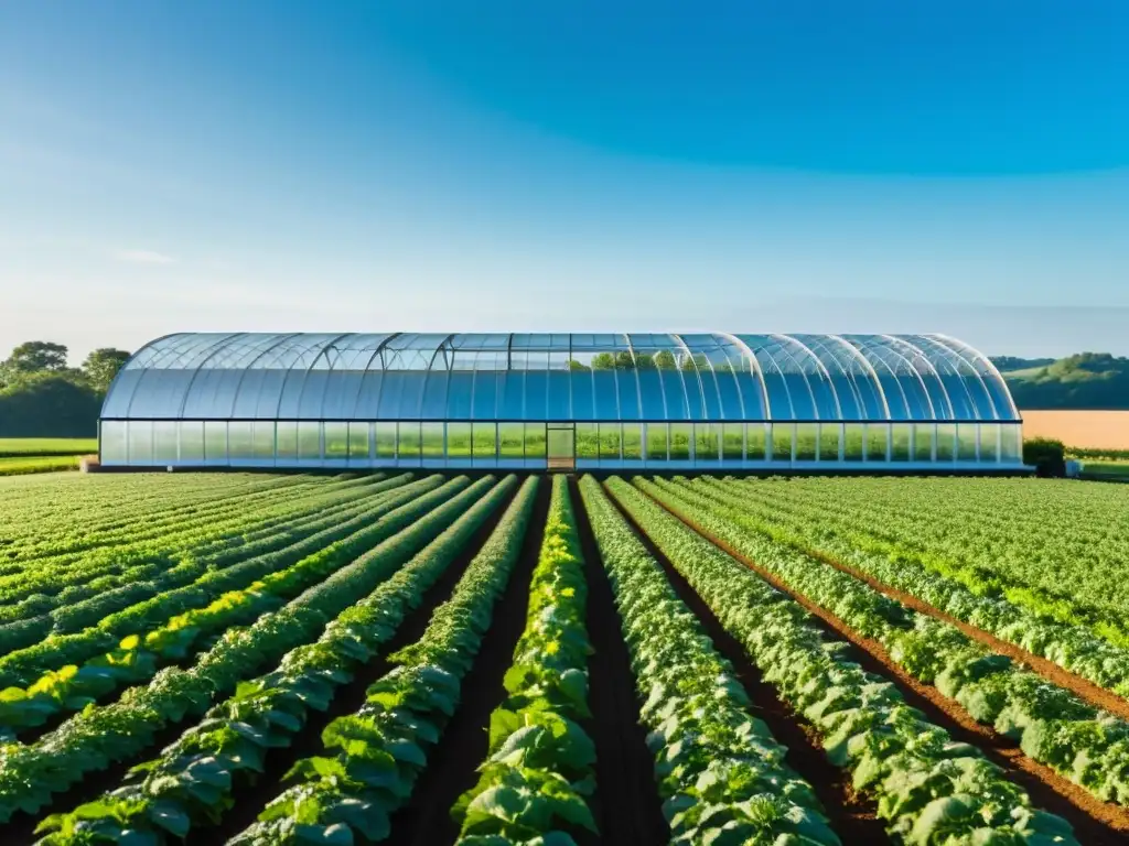 Un campo exuberante de cultivos orgánicos, con hileras perfectamente rectas de plantas verdes vibrantes que se extienden hasta el horizonte