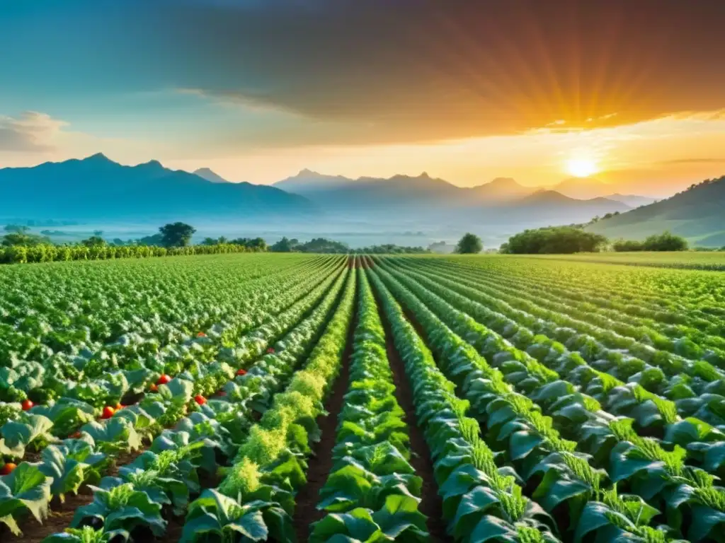 Un campo exuberante de cultivos orgánicos con el sol poniéndose detrás de las montañas