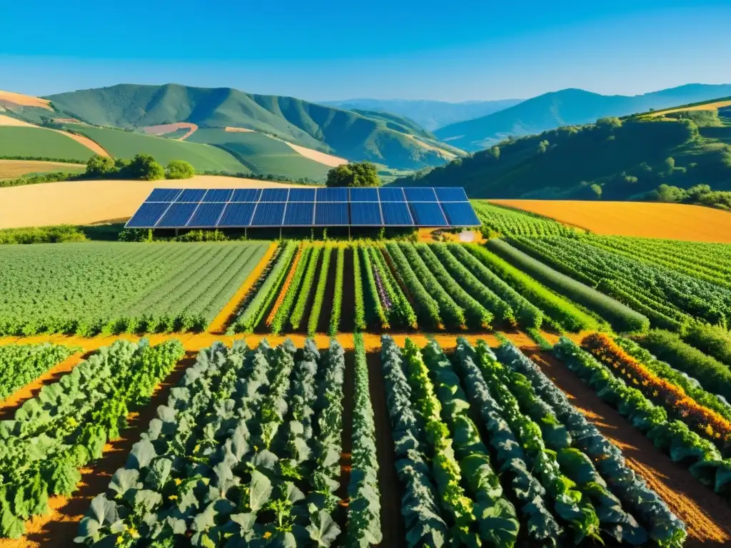 Un campo exuberante de cultivos orgánicos bajo un cielo azul claro, bañado por el sol