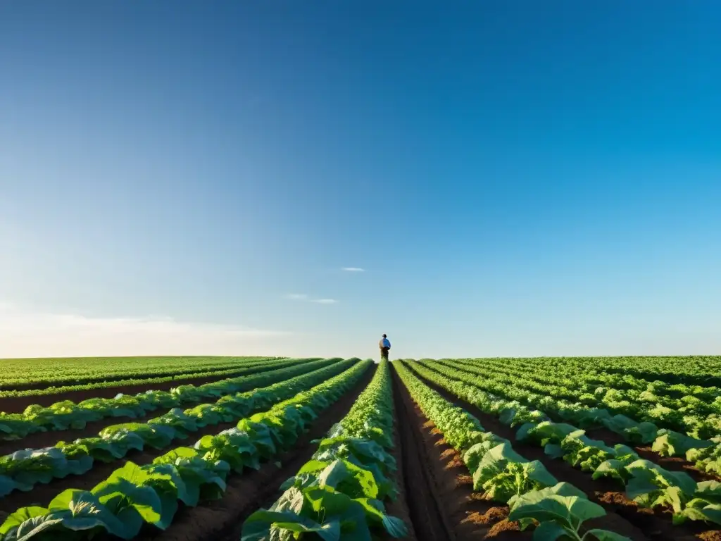 Un campo exuberante de cultivos orgánicos bajo el sol, reflejando la sostenibilidad y reducción de gases invernadero