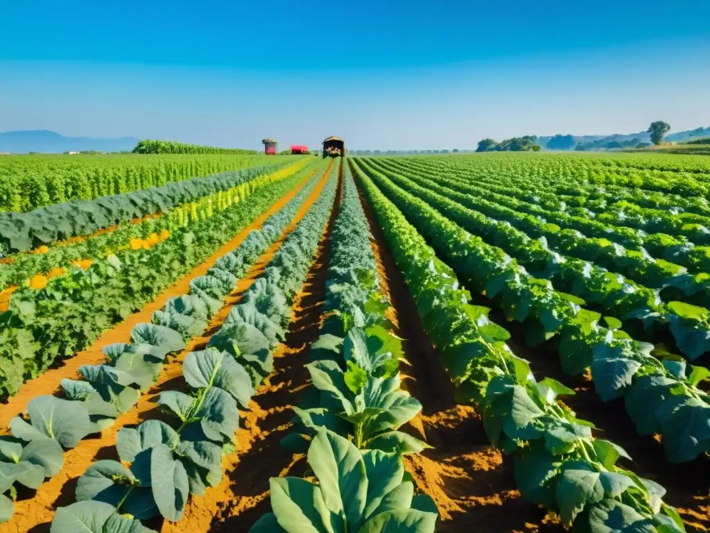 Un campo exuberante de cultivos orgánicos sostenibles para el ambiente, bañado por el sol y cuidado con amor por agricultores