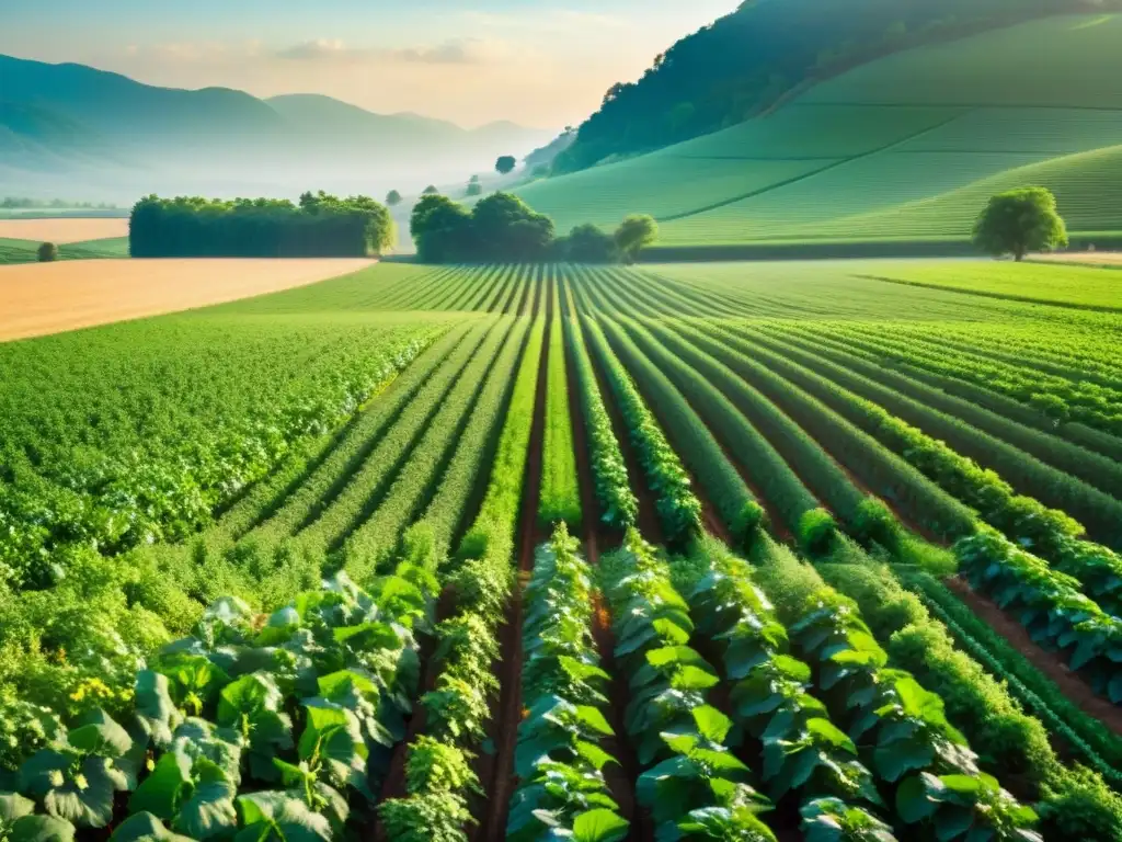 Un campo exuberante con cultivos variados bañados por la cálida luz del sol