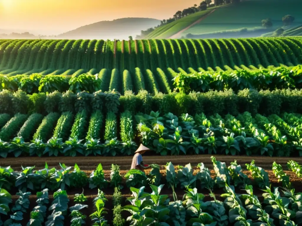 Un campo exuberante de cultivos verdes se extiende hacia el horizonte, bañado por la cálida luz dorada del atardecer