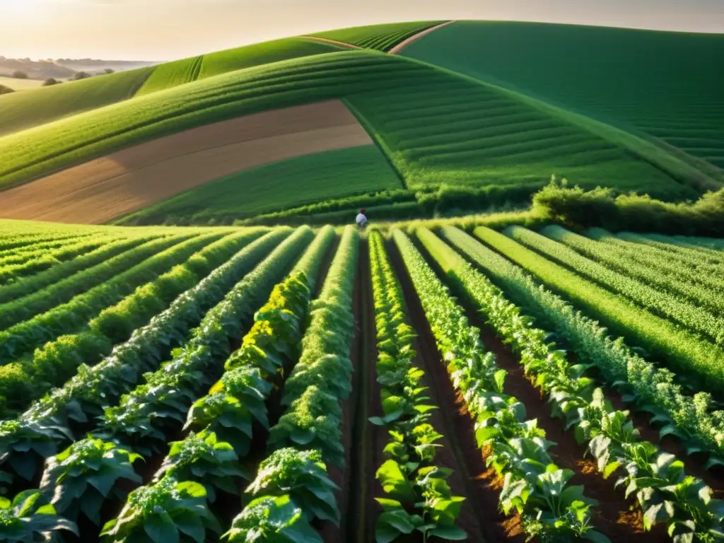 Campo exuberante con cultivos vibrantes bajo el sol dorado, reflejando técnicas orgánicas para recuperar suelos degradados