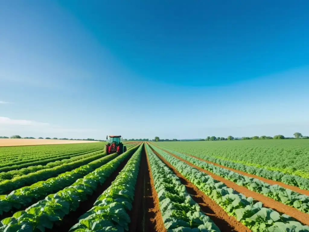 Un campo exuberante con cultivos vibrantes y un agricultor aplicando técnicas orgánicas para recuperar suelos degradados