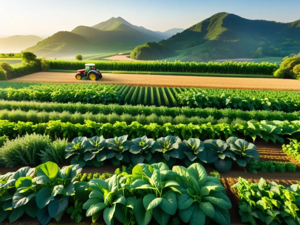 Un campo exuberante y diverso, reflejando los beneficios de la diversidad en agricultura orgánica