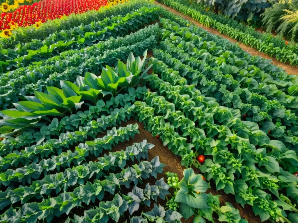 Un campo exuberante y diverso con cultivos de maíz, tomates, pimientos y girasoles, mostrando los beneficios de la diversidad en agricultura orgánica