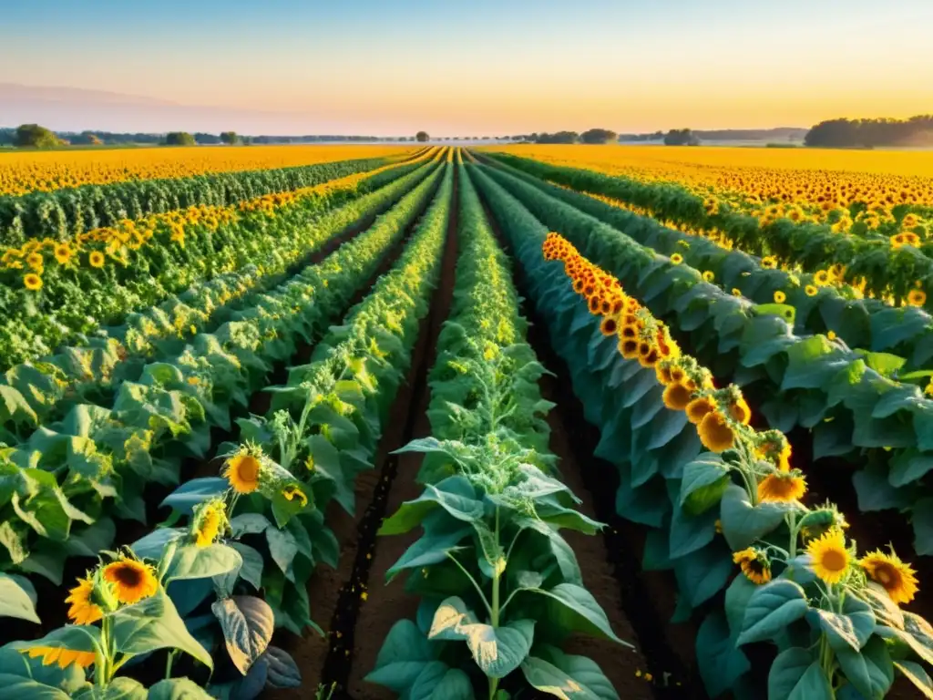 Un campo exuberante y diverso con cultivos como tomates, pimientos, maíz y girasoles, bañado por la cálida luz dorada del atardecer