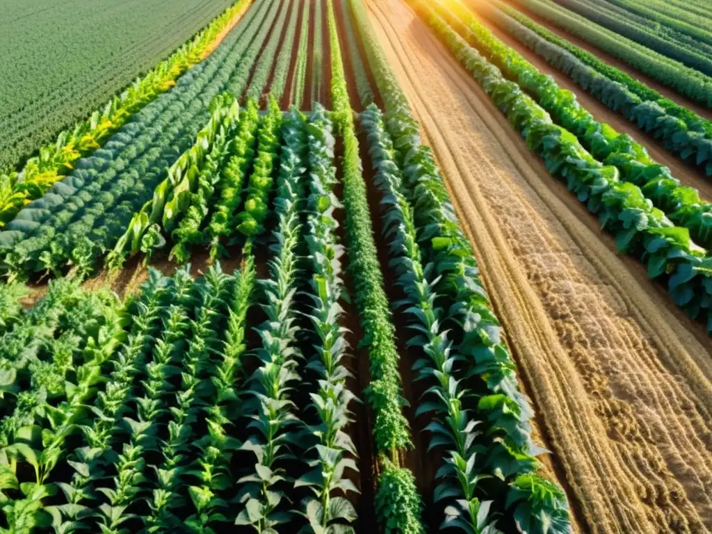 Un campo exuberante y diverso con cultivos orgánicos, resplandeciendo bajo el sol