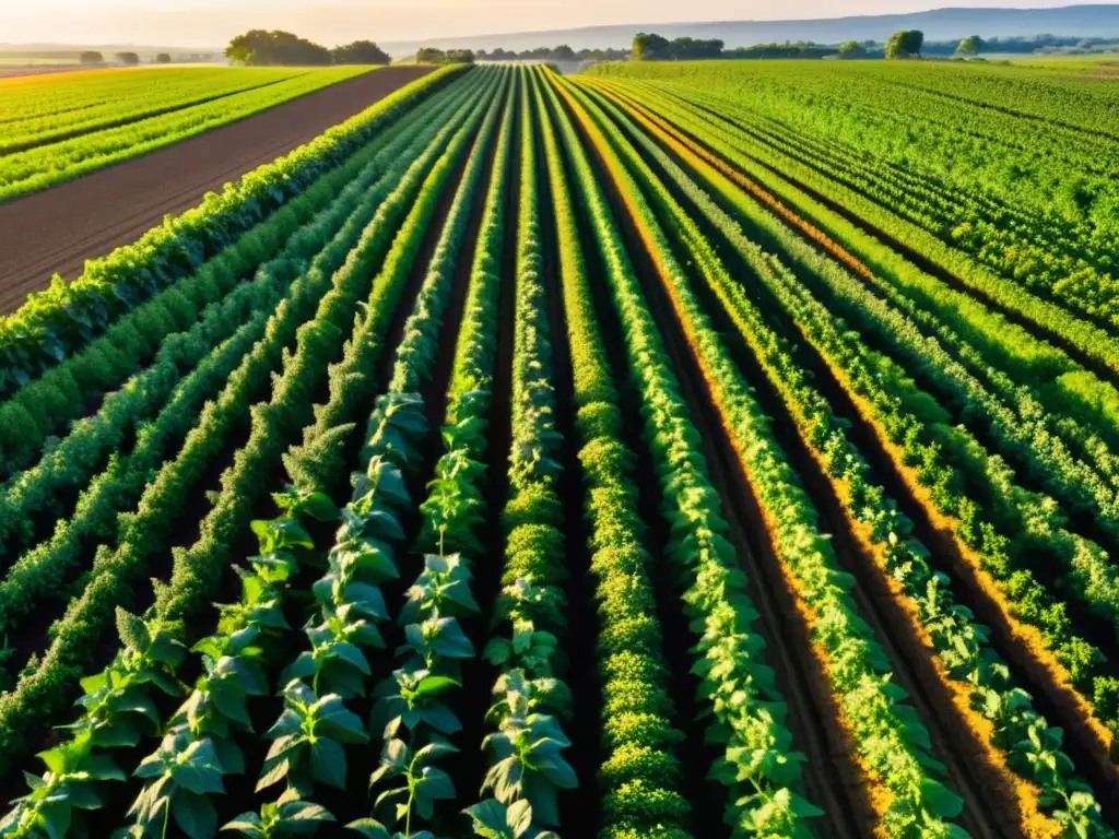 Un campo exuberante y extenso de cultivos orgánicos bajo el cálido sol, con agricultores trabajando