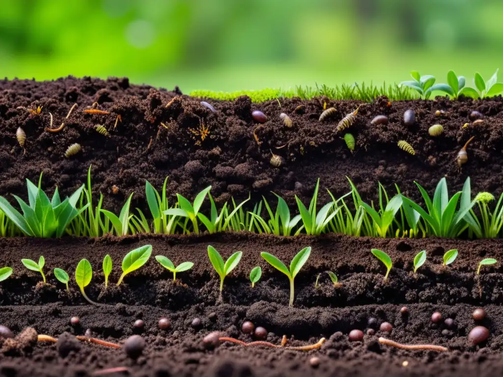 Un campo exuberante y fértil, lleno de vida microbiana y materia orgánica, ideal para abonos orgánicos composición microbiana suelo