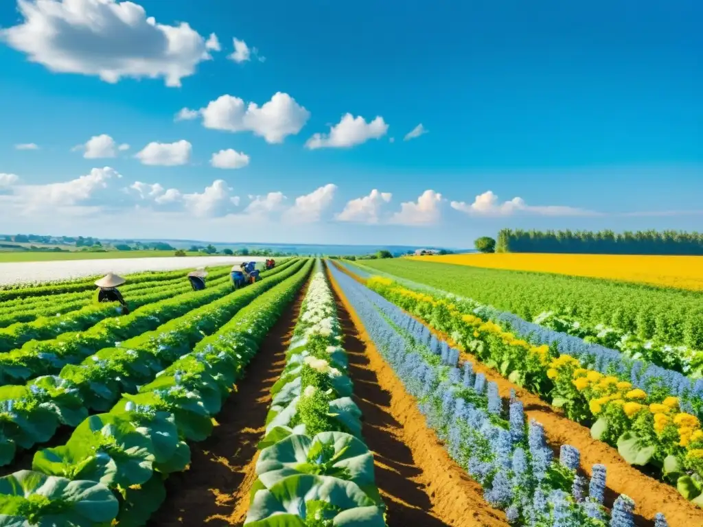 Un campo agrícola orgánico exuberante, con filas de cultivos vibrantes bajo un cielo azul