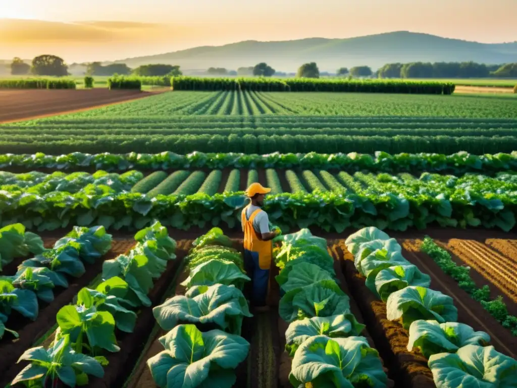 Un campo exuberante con hileras de vegetales orgánicos vibrantes