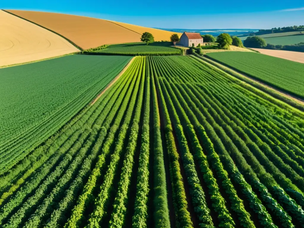 Un campo exuberante se extiende hasta el horizonte, con cultivos vibrantes y abundancia