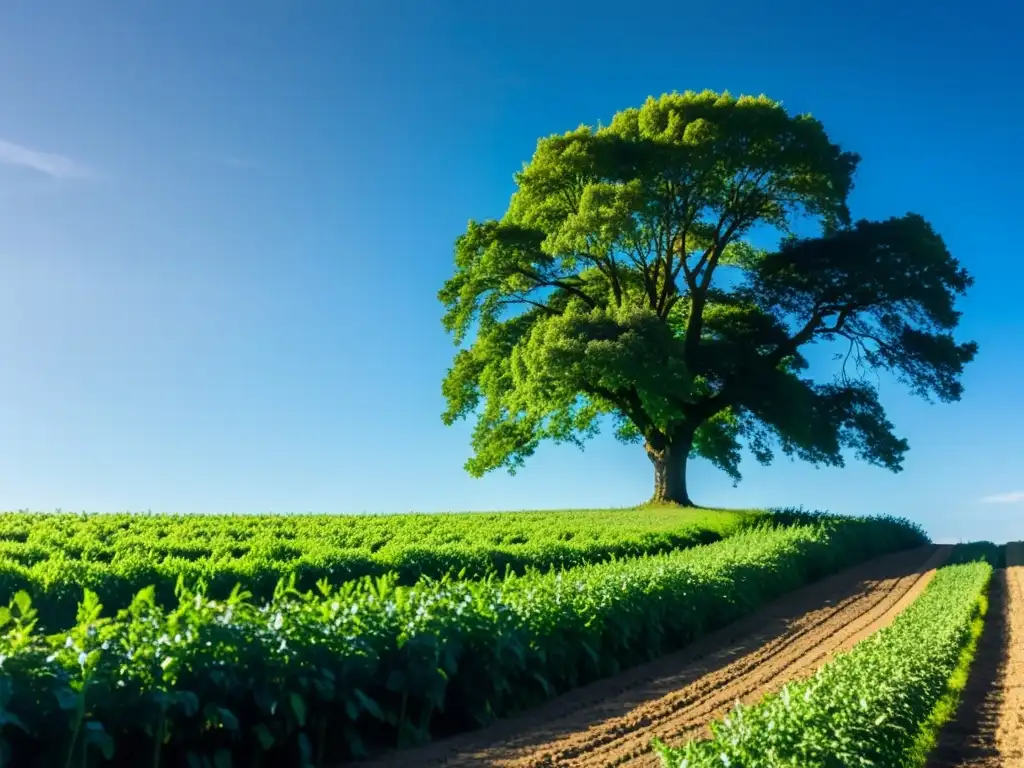 Un campo exuberante y ordenado con cultivos vibrantes y un árbol solitario