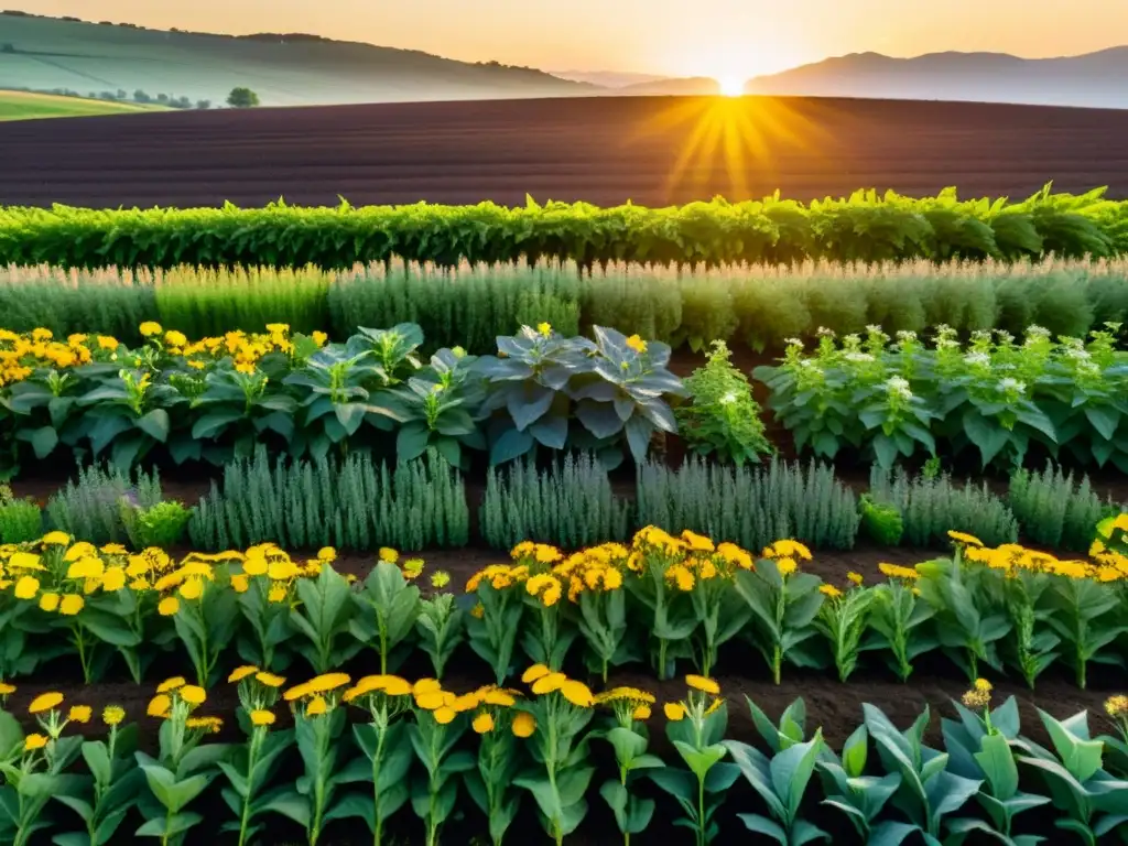 Un campo exuberante de plantas perennes con beneficios en agricultura, bañado por la cálida luz dorada del sol