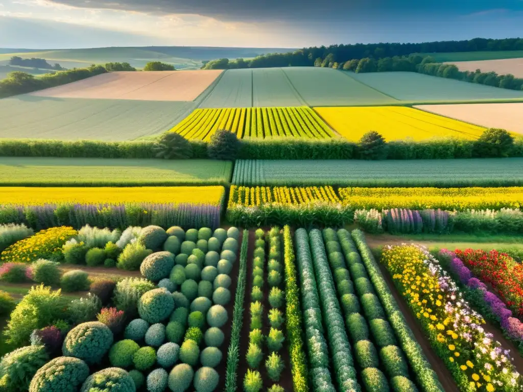 Un campo agrícola exuberante con plantas perennes y flores silvestres coloridas