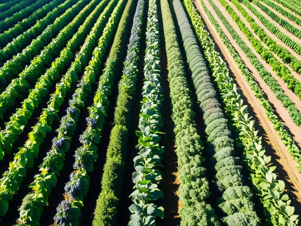 Un campo exuberante de productos orgánicos, con hileras de frutas y verduras vibrantes bajo el cielo azul