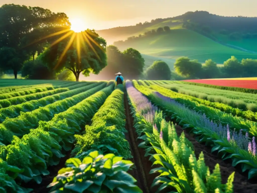 Un campo agrícola exuberante con técnicas de agricultura regenerativa y microbioma del suelo, donde el sol ilumina un escenario armonioso