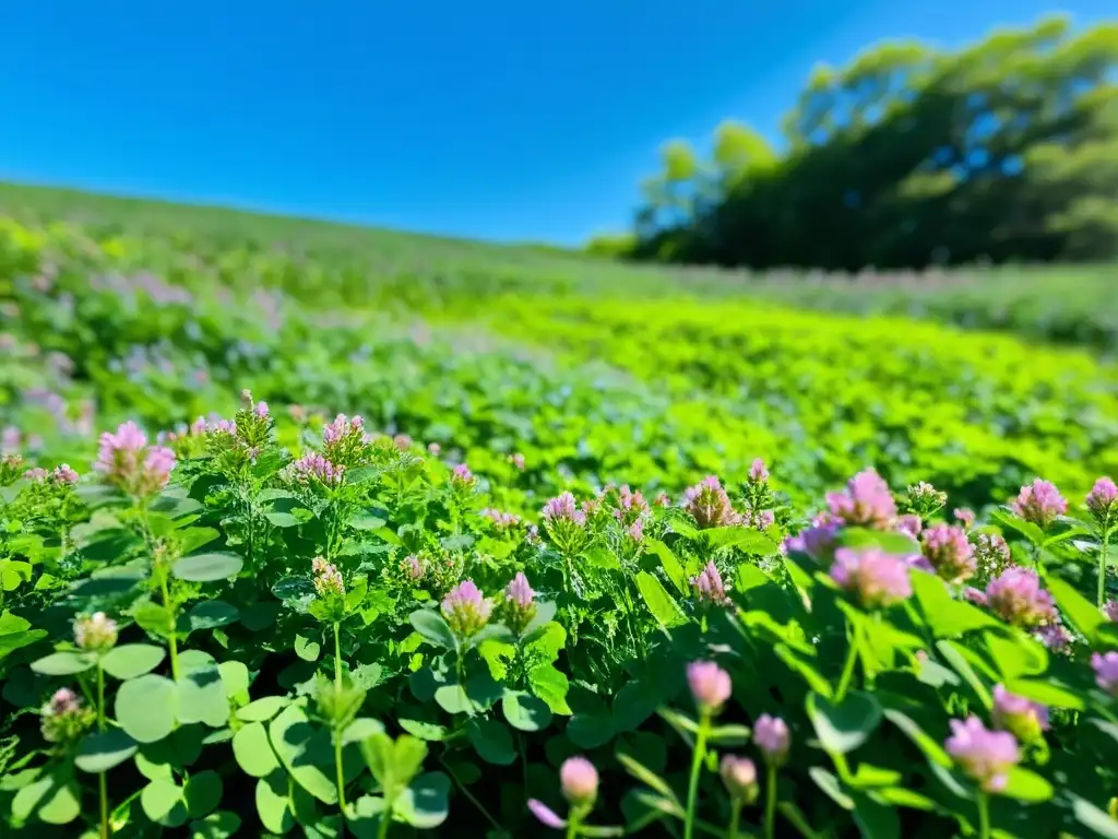 Un campo exuberante de trébol y veza se extiende hacia un cielo azul claro