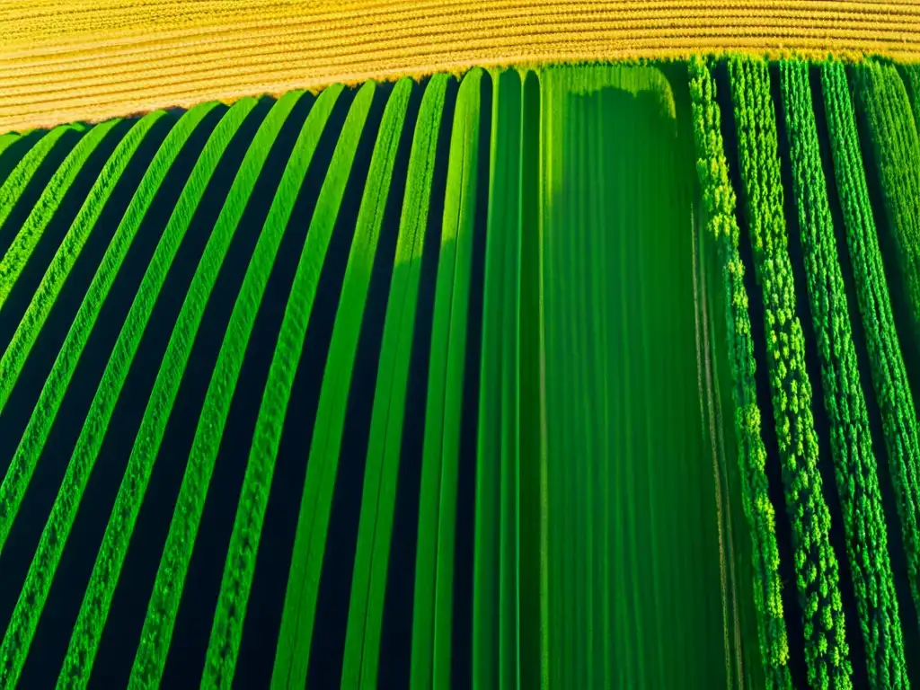 Campo exuberante de trigo dorado con hileras de soja verde