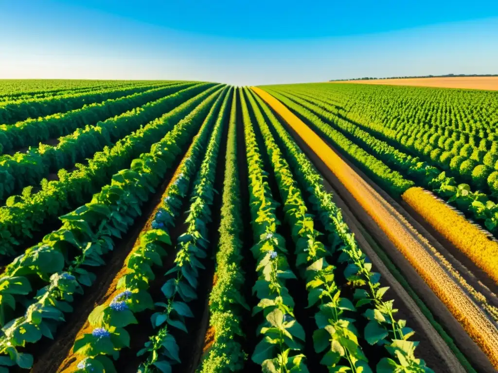 Un campo exuberante y variado con cultivos alternados, bajo el cielo azul